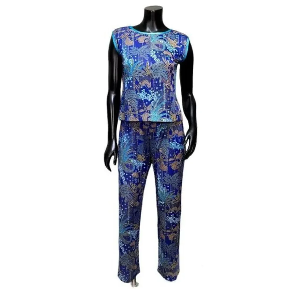 Vintage 70s Blue Tropical‎ Print Pant Set Womens M Lounge Resort Mod 2 Piece